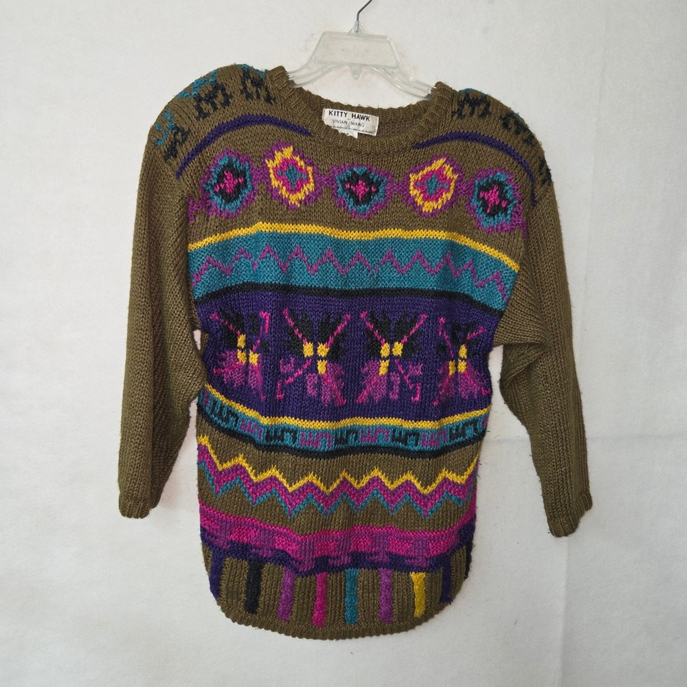 Kitty Hawk Vivian Wang Vintage Knit Sweater MultiColor Geometric Pattern Women M